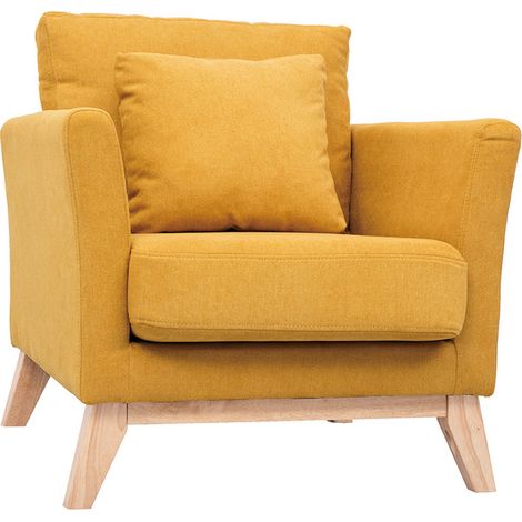 Fauteuil scandinave déhoussable en tissu effet velours jaune moutarde et bois clair OSLO