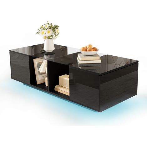 Table basse LED noire plateau laqué brillant 120 x 50 x 38,5 cm