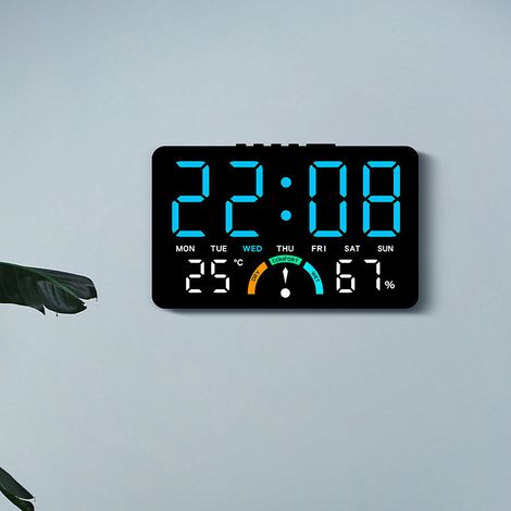 Horloge LED Multifonction Grand Écran Heure Date Température Humidité Double Alarme Suspendre ou Poser (1/4)