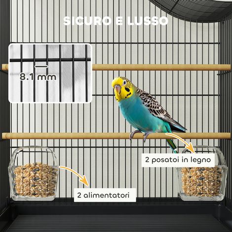 Cage à oiseaux 4 portes avec 2 gamelles, 2 perchoirs et un plateau, métal et plastique, 47,5 x 36 x 54,5 cm, noire (1/5)