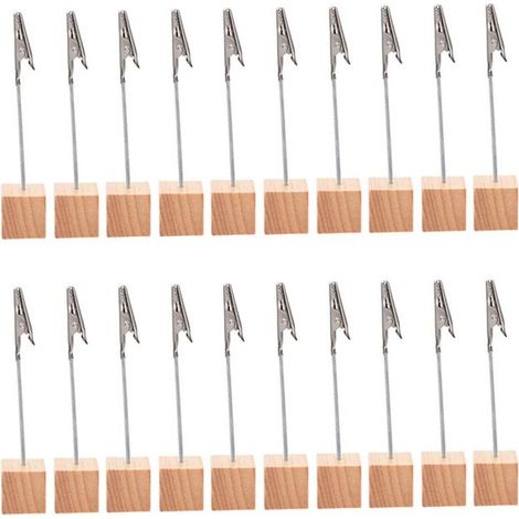 Soporte de 20 clips de madera para notas - Clips de fotos para notas con base de madera - Base cúbica de madera ligera - Con pinza de cocodrilo de metal - Para mostrar números (1/5)