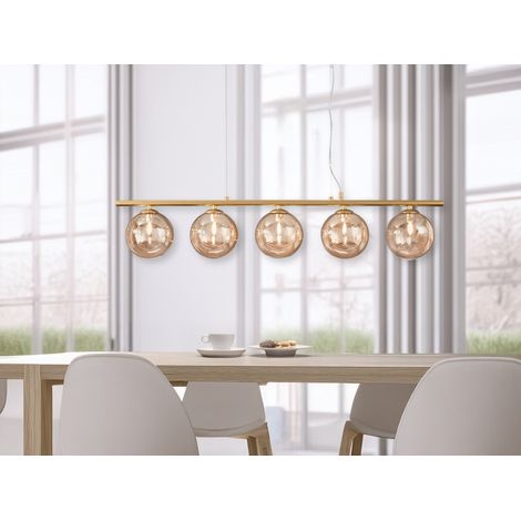 Pendelleuchte HONEY 5-flammig Gold-Glaskugeln Bernstein, Breite 100cm