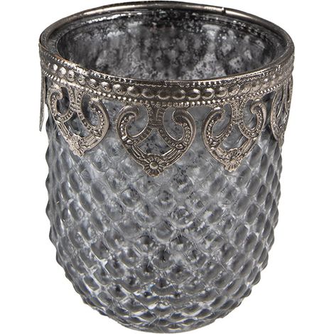 Photophore Bougeoir pour Bougie Chauffe-Plat en Verre Gris avec Bord en Métal Ø 8 x 9 cm - PANGIVO