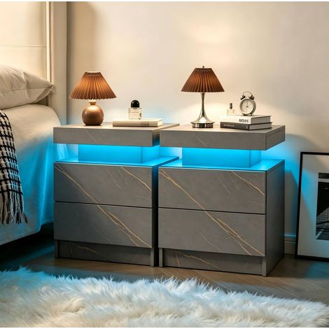 Lot de 2 tables de chevet LED grises et dorées en panneau de particules avec 2 tiroirs (1/5)