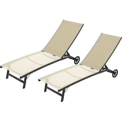 Lot de 2 bains de soleil aluminium textile, dossier inclinable, roulettes, charge max 150 kg kaki