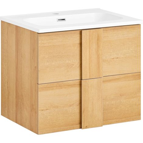 SoBuy BZR172-N Bathroom Cabinet with Two Drawers Storage Cabinet for Bathroom Bathroom Vanity Unit with Ceramic Sink, Wood Color, 61x46x54 cm
