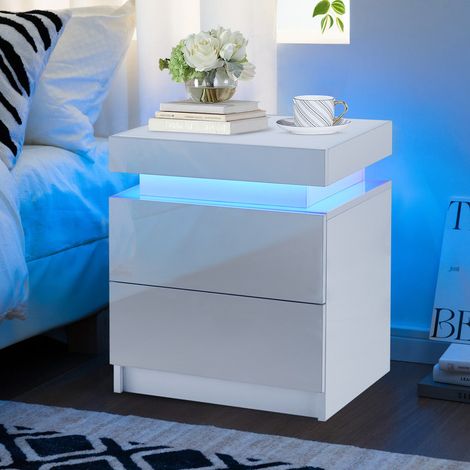 Bedside Table with 2 Drawers and LED Lights, High Gloss Front Nightstand with Top Storage, Chest of 2 Drawers Storgae Cabinet for Bedroom Living Room White
