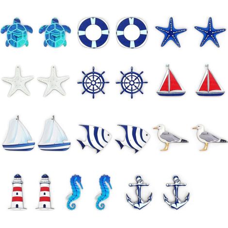 XEPHO Lot de 24 pendentifs maritimes, décoration nautique, kit de décoration maritime, étoile de mer, bateau, ancre, phare, poisson, cocotier pour mini filet de pêche, décorations murales