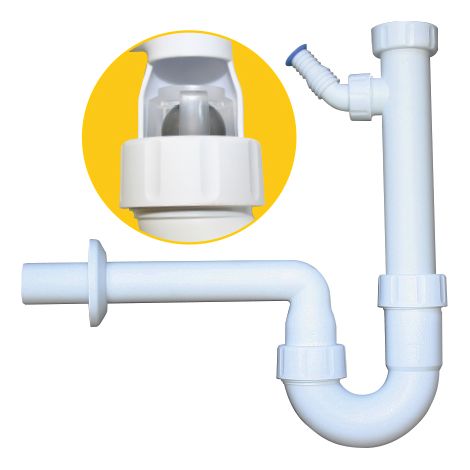 Siphon à boule à verrouillage PP 1 1/2" & 1 1/4", DN 32, blanc avec raccord appareil 1", 3/4" & 3/8" (1/2)