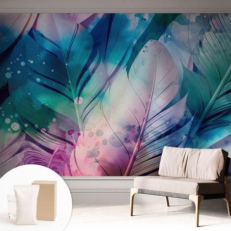 Papier peint intissé mural avec imprimé motifs décoratifs - style contemporain - Colle incluse gratuite Plumes colorées 312x219 cm (1/5)