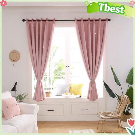 Tbest Voile de fenêtre Rideau de fenêtre en Tulle Style étoile ajouré, panneaux commerce chaud Double couche étoile creuse rose (1/4)