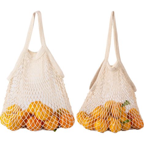 Juego de 2 bolsas de compras, bolsas de malla de algodón, asas largas y cortas, para frutas, verduras, comestibles y viajes. (1/5)