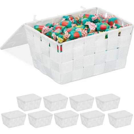 Relaxdays 10x Storage Baskets with Lid, Woven Optics, Bathroom Organiser HxWxD: 10.5 x 19.5 x 14.5 cm, Plastic, White