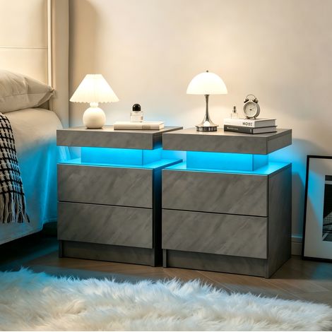 Mesita de noche LED con luces multicolor regulables, 2 cajones, almacenamiento abierto, tablero de partículas, gris oscuro (1/5)