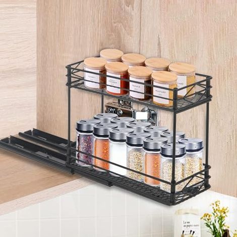 Especiero extensible de 2 niveles para armario de cocina, organizador extraíble para especias, estante para armario de cocina