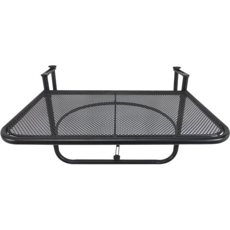 Table suspendue carrée en métal noir, réglable en hauteur, pour balcon et terrasse. Dimensions : 60 x 56,5 x 45 cm. (1/5)