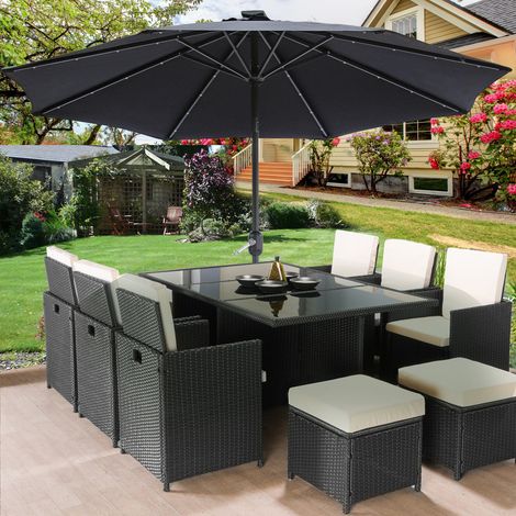 2.7M Solar LED Outdoor Parasol Garden Patio Tilt Crank Sun Shade Round Umbrella Black