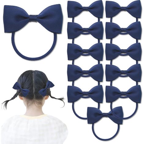 Élastique À Cheveux - Nœud En Ruban Bleu Marine - Pour Filles - Diamètre Élastique 2,8 Cm - Nœud 4 Cm - Lot De 12 Pièces (1/5)