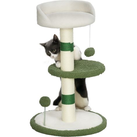 Kratzbaum mit Katzenbett, 2 Bällen, Plattform und Sisalstamm, Katzenspielgerät mit Chenille- und Plüschbezug, Grün und Weiß