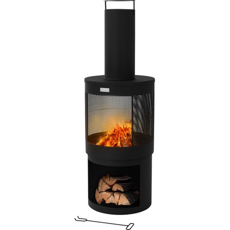 ML-Design Chimenea de Jardín 131 x 45 cm Redonda de Acero Negro, Estufa de Terraza para Exterior con Atizador, Techo Desmontable y Compartimento para Leña, Fogata Brasero Hoguera para Camping