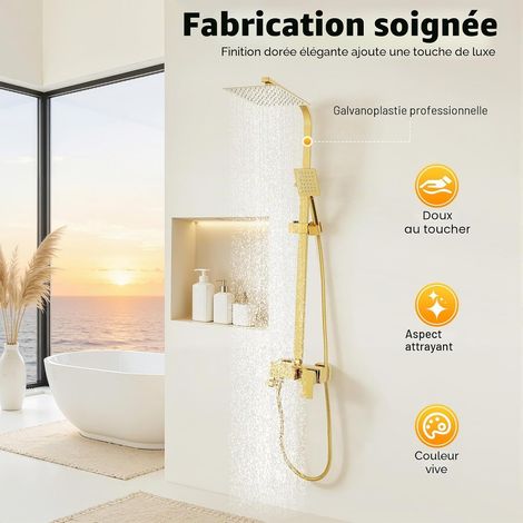Kit de douche à effet pluie - Avec robinet en acier inoxydable - Hauteur réglable : 20 x 20 cm - Doré (1/5)