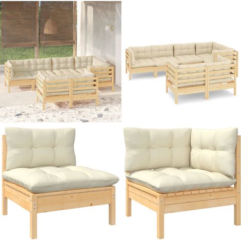 7-tlg. Garten-Lounge-Set mit Creme Kissen Massivholz Kiefer - Garten Lounge Set - Esszimmergarnitur - Outdoor Möbel - Gartentisch - Gartenstuhl - Home & Living (1/5)