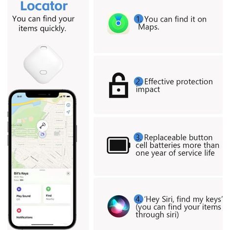 Set di 2 Smart Tag iOS, localizzatori Bluetooth per oggetti, con batterie sostituibili, per chiavi, bagagli, portafogli e zaini, colore bianco (1/5)