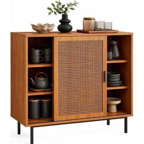 Buffet bas de rangement à 2 portes coulissantes, étagère réglable, structure en panneau de particules et métal, style maison de campagne, bois foncé CHICFURN (1/5)