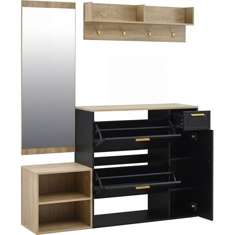 Ensemble d'entrée 4 pièces avec meuble à chaussures, banc, patère murale et miroir – Noir et bois naturel, 139,5 x 35 x 166 cm (1/5)