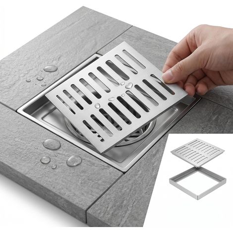 Bonde de sol en acier inoxydable avec cadre - 150 x 150 x 20 mm - Grille de drainage carrée antidérapante - Grille anti-blocage pour extérieur, salle de bain, jardin, terrasse (1/5)