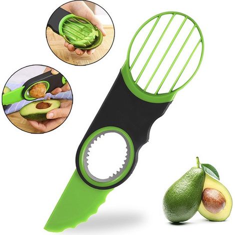 Rallador de aguacate 3 en 1，Apto para microondas y lavavajillas，Cuchillo multifuncional para frutas，deshuesador y pelador (Juego de 1) (1/5)
