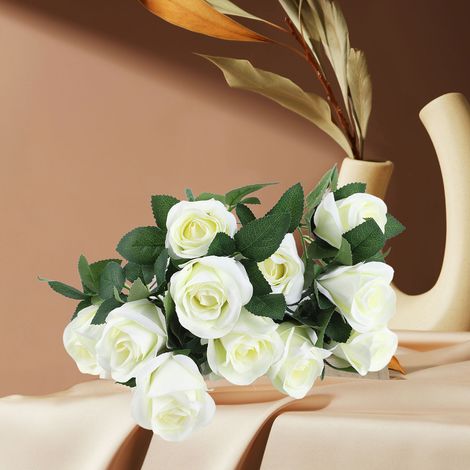 Roses artificielles, fleurs de mariage, 13 têtes de roses en velours, décoration intérieure, composition murale, fleurs artificielles, blanches. (1/5)
