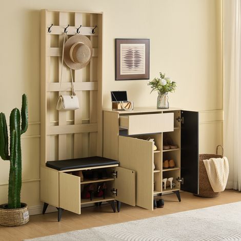 Mobile ingresso con panca e appendiabiti, 4 ganci, MDF, legno chiaro HAVRYA (1/5)
