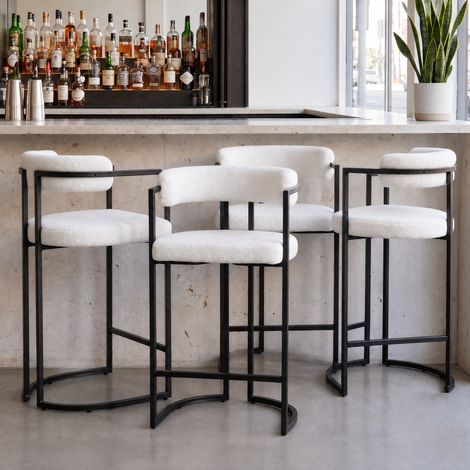 Wahson Tabouret de Bar Lot de 4 Tabourets Bar avec Accoudoirs et Dossier Chaise de Bar Pied en Métal pour Bar et Cuisine, Fausse Fourrure, Blanc