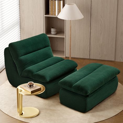 Poltrona sacco 101x81x75 cm verde in velluto a coste con poggiapiedi e cuscini sfoderabili (1/5)