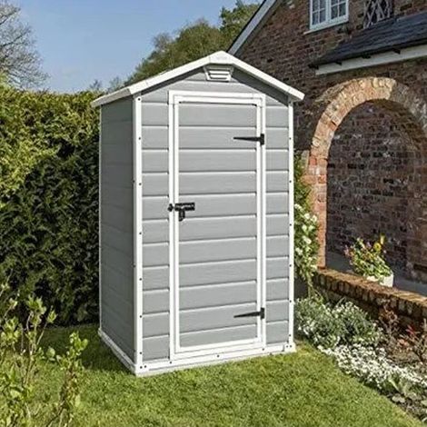Manor 4x3 - Casetta da Giardino 129x196x103 cm 1 Anta per deposito attrezzi fini-tura effetto legno graffiato in Resina Grigio (1/4)
