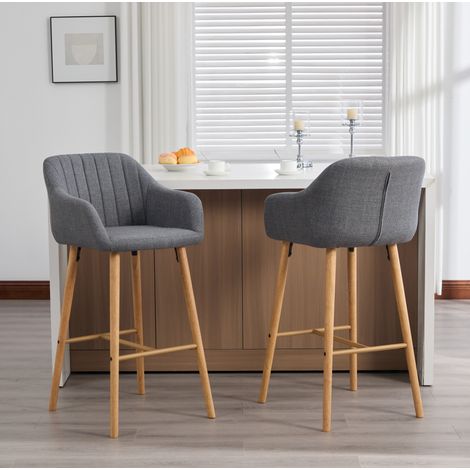 REDOM - Taburetes de bar 58.5x55x104 cm, juego de 2, respaldo alto envolvente, asiento de lino gris, patas de madera (1/5)