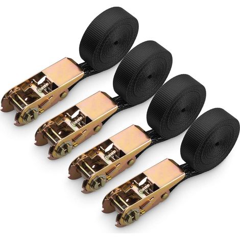 4 Stück Ratschengurte, Polyester-Ratschengurt für Motorrad, Auto, Fahrrad, Anhänger, 800 kg Tragkraft, 6 m x 25 mm – Schwarz (1/5)