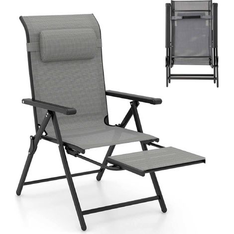 COSTWAY Folding Patio Chair Lounge Chair with 10-Level Adjustable Backrest-Grey (1/5)
