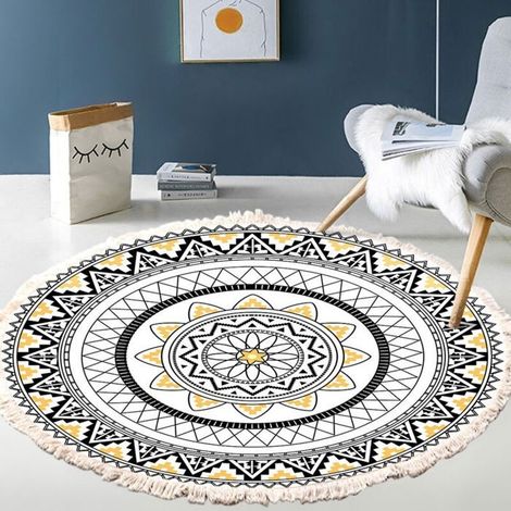 Tapis Salon Tapis Rond En Coton Tissé À La Main Motif Mandala Style Vintage Bohème Avec Pompons Lavable En Machine Pour Chambre (1/2)