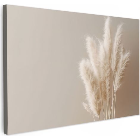 TABLEAU SUR TOILE Herbe de la pampa - Plumes - Pastel - Blanc Toile Peinture Grand Format XXL 150x100 cm