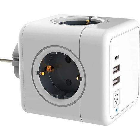 Regleta de enchufes USB, regleta de enchufes de pared con 4 enchufes y 2 tomas de corriente USB, con 1 adaptador de corriente tipo C, regleta de enchufes USB 7 en 1 con interruptor, cargador de pared (1/5)