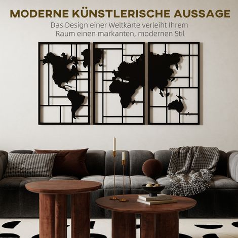 Lot de 3 cartes du monde murales en métal noir, 50x80 cm, pour salon chambre couloir (1/4)