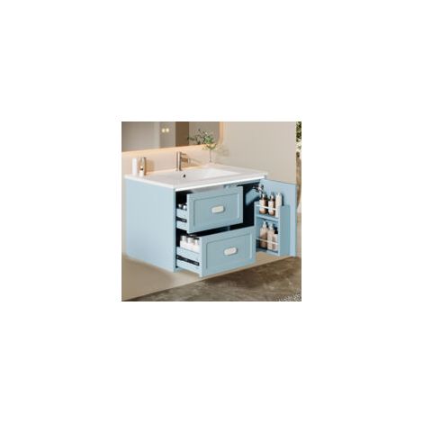 Armoire suspendue de salle de bain – Finition laquée, éclairage LED détecteur radar, deux tiroirs silencieux, lavabo intégré bleu, dimensions 76 x 46 x 51 cm – Touche colorée et high‑tech (1/5)