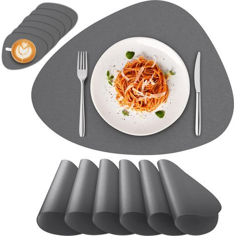 Washable, waterproof, non-slip PVC placemats, set of 6 placemats and 6 coasters, dark grey (1/5)