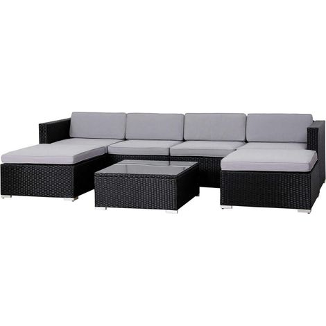 Evre Rattan Outdoor Garden Furniture Set 6 Seater Sofa with Coffee Table (Black)
