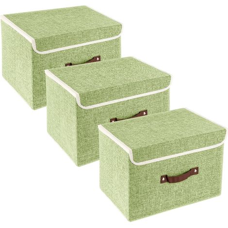 Boîte de Rangement Tissu Lavable avec Couvercle – Lot de 3, 38x25x25 cm, Vert