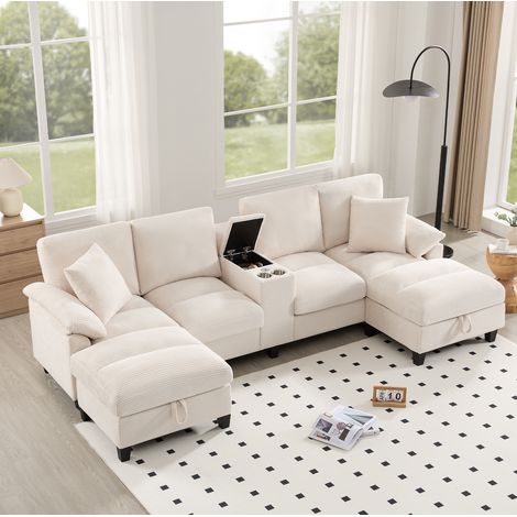 Divano a U 293x142x93 cm beige in velluto a coste con contenitori, USB, portabicchieri e 2 cuscini (1/5)