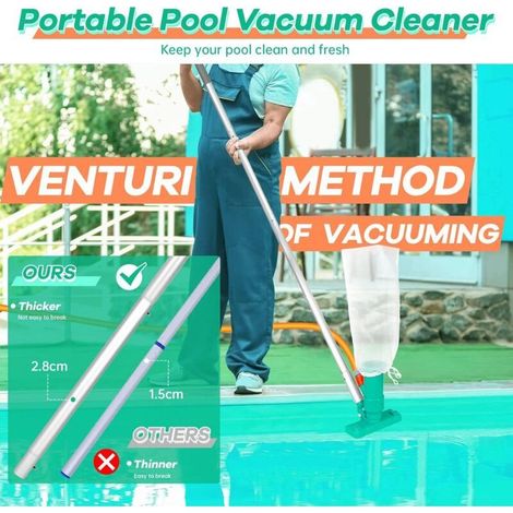 1pcs Aspirateur Piscine, Aspirateur Nettoyeur à Jet de Piscine Portable pour Nettoyer Piscine, Kit de Nettoyage de Piscine, Tête d'aspiration avec Brosse Inférieure, Tige en Aluminium Amovible (1/5)