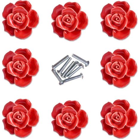 8pcs Elegant Red Rose Pulls Flower Ceramic Furniture Knobs Cupboard Drawer Handles (1/3)